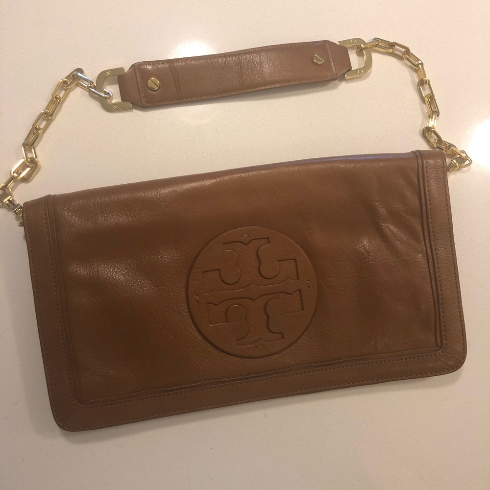 Tory Burch brown leather clutch w/ shoulder strap